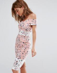 Платье миди с открытыми плечами и цветочным принтом Vesper - Розовый 1110106