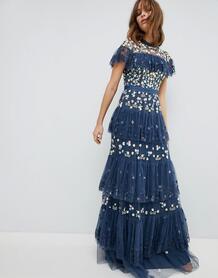 Ярусное платье с контрастной вышивкой Needle & Thread - Синий 1232611