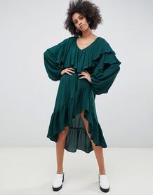 Платье миди с асимметричным подолом и оборками Weekday - Зеленый 1208828
