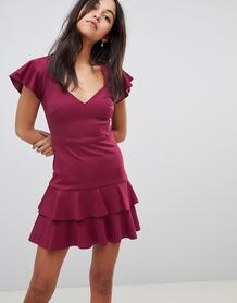 Платье мини с V-образным вырезом и оборками ASOS - Красный ASOS DESIGN 1183936