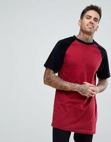 Бордовая удлиненная футболка с велюровыми рукавами boohooMAN - Красный 1214065