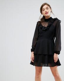 Платье мини со вставкой из сетки добби и оборкой ASOS - Черный ASOS DESIGN 1126984