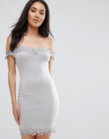 Серое платье с открытыми плечами и кружевной отделкой AX Paris - Серый 1154366