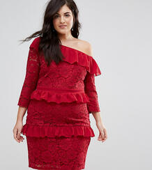 Кружевное платье-футляр на одно плечо с рюшами Lovedrobe - Красный 1173063