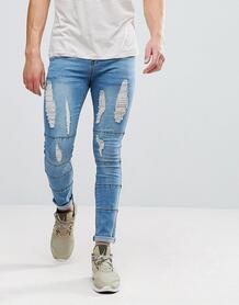 Светлые джинсы скинни с прорехами и вставками boohooMAN - Синий 1176560