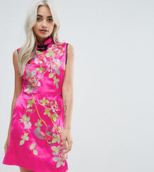 Атласное платье мини с вышивкой ASOS PETITE - Розовый 1128946