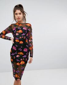 Кружевное платье миди с цветочной вышивкой PrettyLittleThing - Красный 1150911