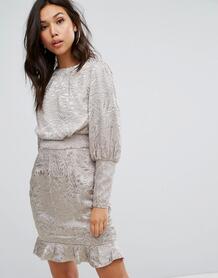 Платье мини с пышным рукавом на манжете Misha Collection - Серый 1136853