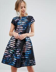 Короткое приталенное платье в полоску с цветочным принтом Closet Londo Closet London 1130902