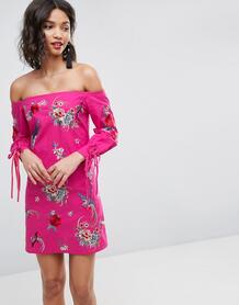 Платье мини с вышивкой и завязками на манжетах ASOS - Розовый ASOS DESIGN 1112509