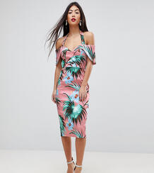 Платье-футляр средней длины с тропическим принтом, открытыми плечами и Asos Petite 1032319