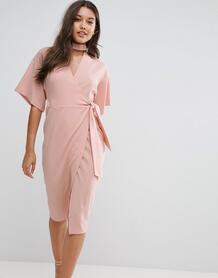 Платье миди с чокером и запахом ASOS - Розовый 1035422