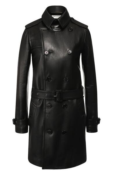 Двубортное кожаное пальто с поясом Yves Saint Laurent 5787361