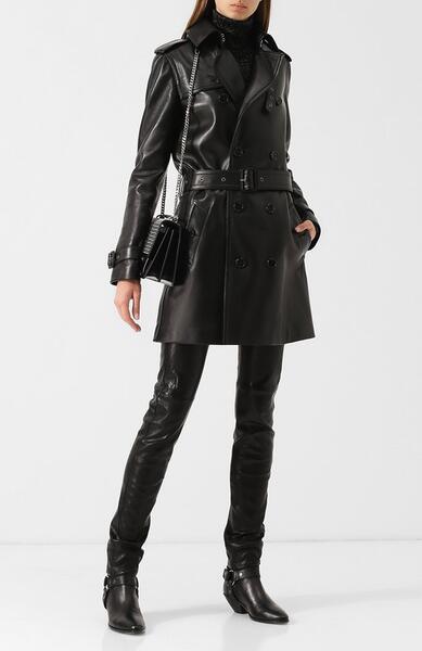 Двубортное кожаное пальто с поясом Yves Saint Laurent 5787361
