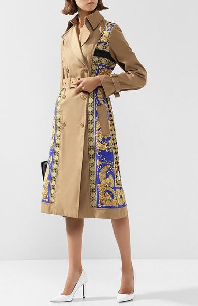 Двубортное пальто из смеси хлопка и шелка с поясом Versace 5177675