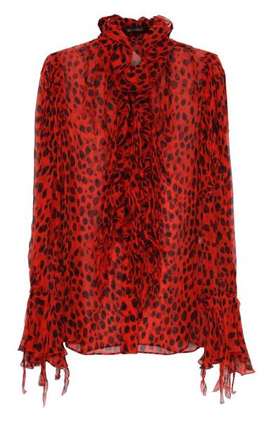 Шелковая блуза с леопардовым принтом и оборками Roberto Cavalli 2182741