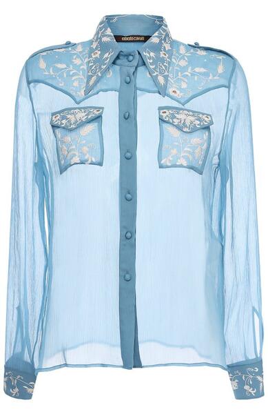 Шелковая прозрачная блуза с вышивкой Roberto Cavalli 2147823