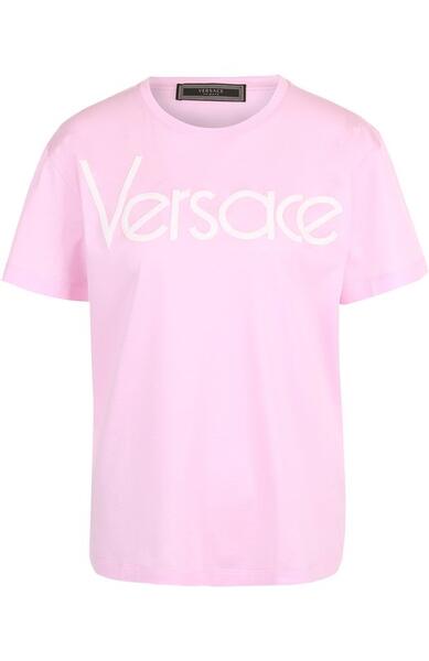 Хлопковая футболка с контрастным логотипом бренда Versace 2711583