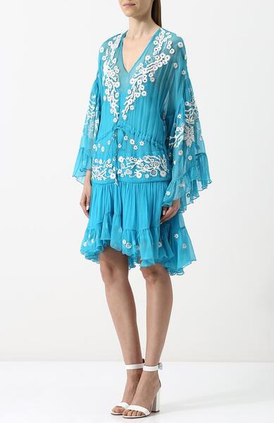 Шелковое мини-платье с оборками и вышивкой Roberto Cavalli 2645896