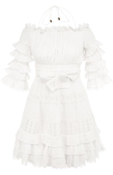 Приталенное хлопковое мини-платье с открытыми плечами Zimmermann 2600221