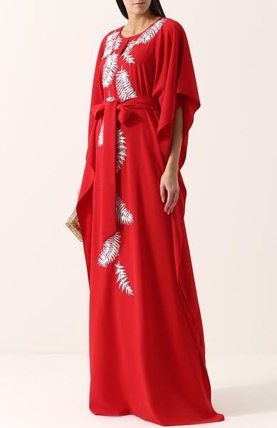 Шелковое платье-макси с контрастной вышивкой и поясом Oscar de la Renta 2591014