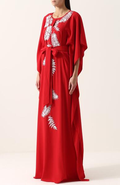 Шелковое платье-макси с контрастной вышивкой и поясом Oscar de la Renta 2591014