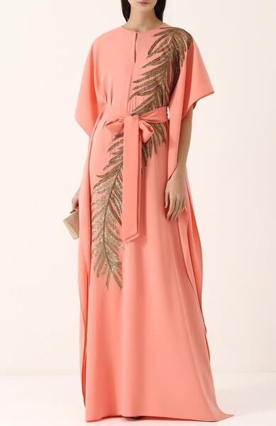 Шелковое платье-макси с поясом и контрастной вышивкой Oscar de la Renta 2542224