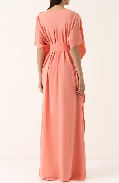 Шелковое платье-макси с поясом и контрастной вышивкой Oscar de la Renta 2542224