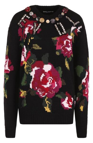 Шерстяной пуловер с круглым вырезом и принтом Dolce&Gabbana 2513614