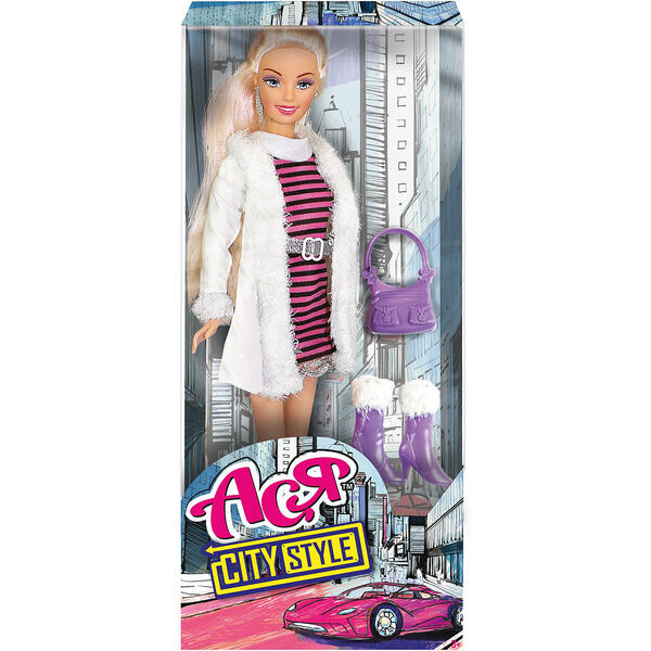 Кукла "Городской стиль" Ася блондинка в полосатом платье и белой шубке, 28 см Toys Lab 10134522