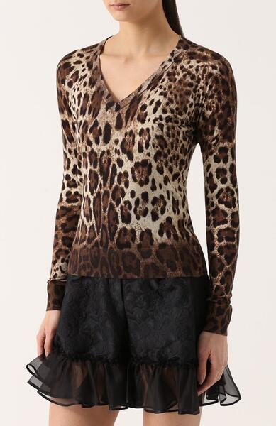 Кашемировый пуловер с V-образным вырезом и леопардовым принтом Dolce&Gabbana 1954334