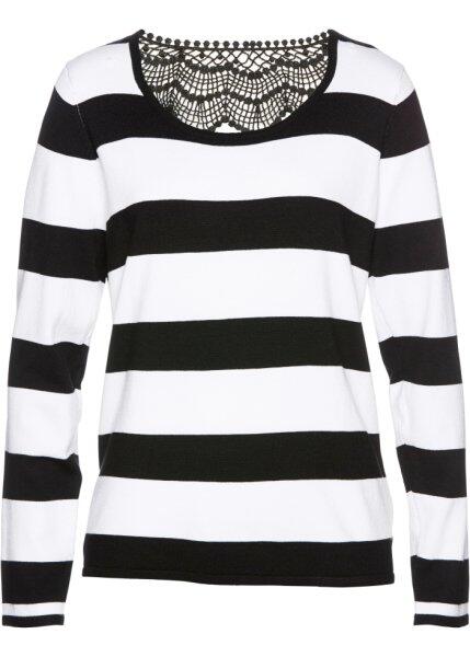 Пуловер с кружевной отделкой (черный/белый в полоску) bonprix 92685595