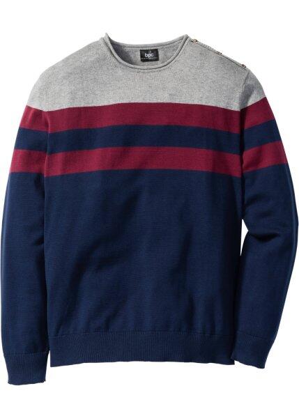 Пуловер Regular Fit (серый меланж/сине-зеленый в полоску) bonprix 92369481