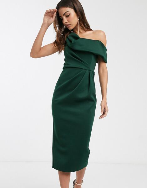 Зеленое платье-футляр миди со спущенным плечом и драпировкой -Зеленый ASOS DESIGN 9973748