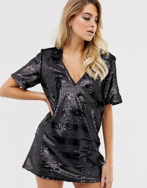 Платье-футболка с пайетками и полосками -Черный цвет In The Style 8514905