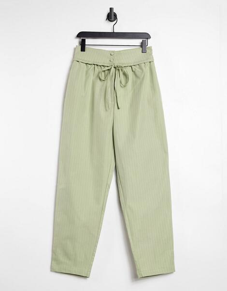 Шалфейно-зеленые брюки в тонкую полоску с завышенной талией и завязкой -Зеленый цвет Lost Ink 10774819