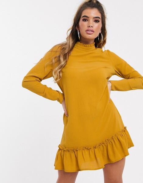 Свободное платье горчичного цвета с высоким воротом и заниженной талией -Желтый MISSGUIDED 9151471