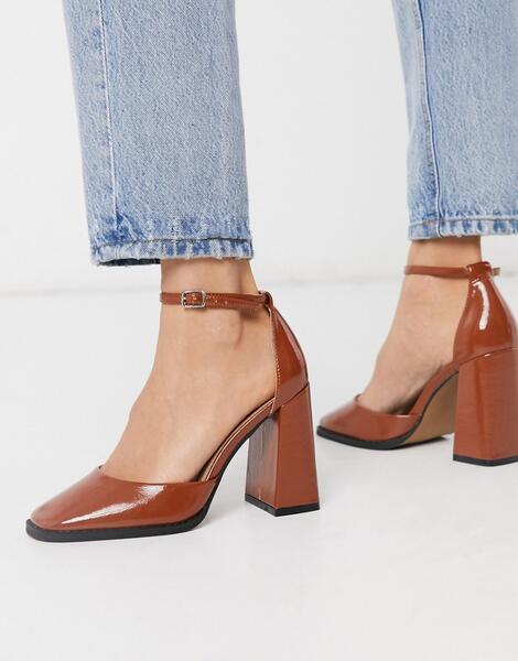Светло-коричневые лакированные туфли на высоком каблуке  с квадратным носком -Коричневый цвет ASOS DESIGN 9067027