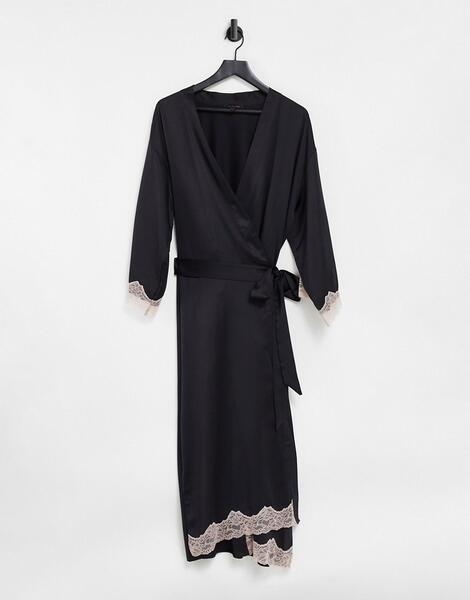 Черное атласное кимоно макси с кружевной отделкой Selena-Черный цвет Ann Summers 10875781