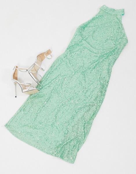 Платье миди мятного цвета с вырезом под горло и пайетками -Зеленый цвет Pretty Lavish 10125594
