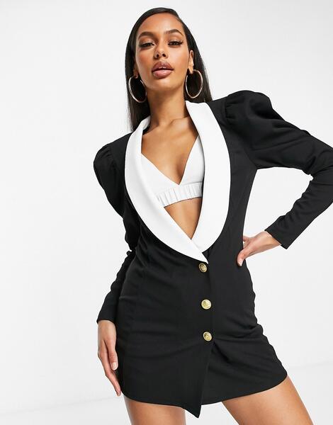 Трикотажный удлиненный пиджак с контрастным воротником и объемными рукавами -Черный ASOS DESIGN 10321259