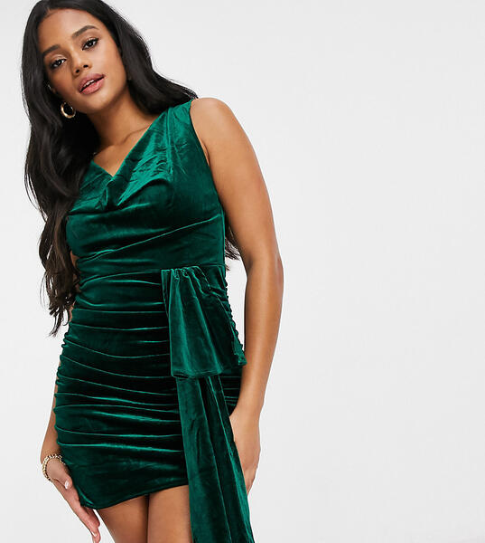 Эксклюзивное изумрудно-зеленое бархатное платье мини с драпировкой и длинным поясом -Зеленый Jaded Rose 10541881