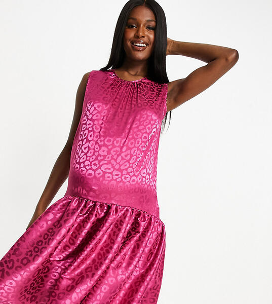Розовое платье миди с заниженным подолом и леопардовым принтом -Мульти Queen Bee 10997191