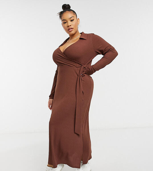 Шоколадно-коричневое платье миди в рубчик, с запахом и длинными рукавами ASOS DESIGN Curve-Коричневый цвет Asos Curve 11139674