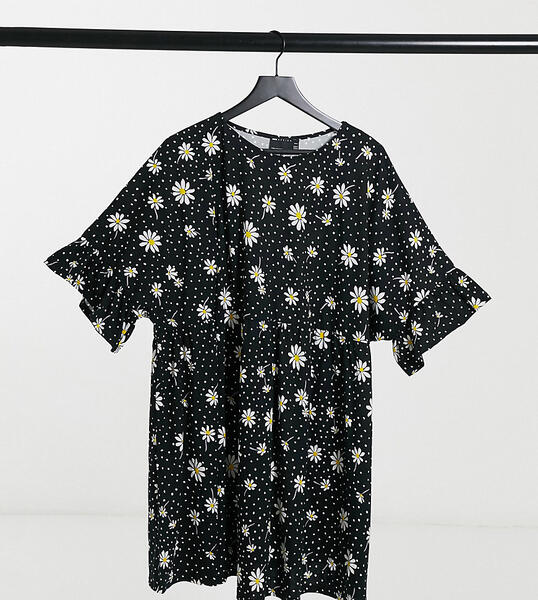 Черное суперсвободное платье с цветочным принтом и широкими рукавами с оборками ASOS DESIGN Curve-Черный Asos Curve 10750708