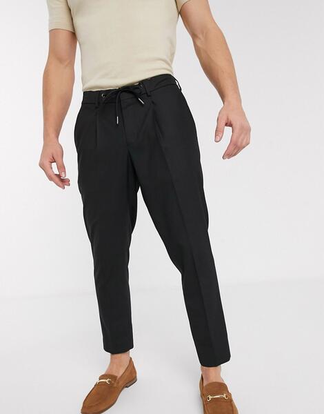 Черные узкие строгие брюки до щиколотки с затягивающимся шнурком на поясе -Черный цвет SELECTED 9369499