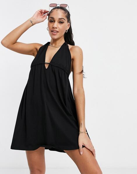 Трикотажное пляжное платье черного цвета с глубоким вырезом и завязками на спине -Черный цвет ASOS DESIGN 11549555