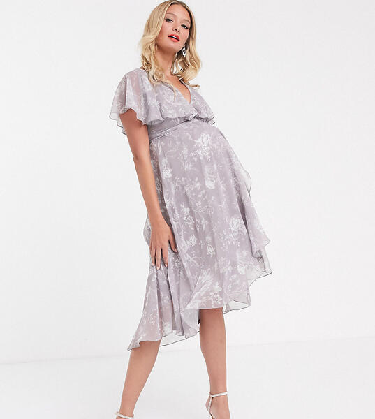 Серое платье миди с кейпом, асимметричным подолом и цветочным принтом ASOS DESIGN Maternity-Мульти Asos Maternity 8957295