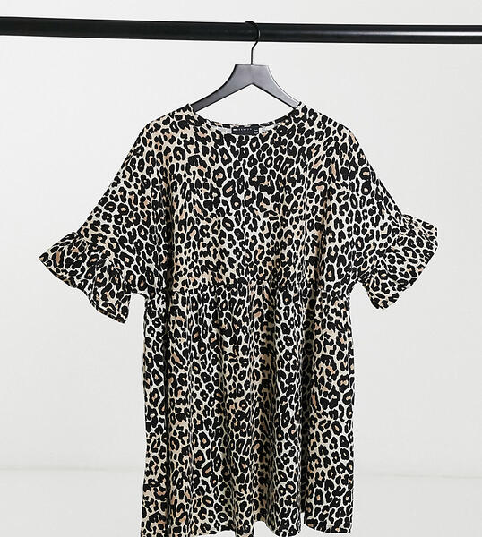 Свободное платье с широкими рукавами с оборками и леопардовым принтом ASOS DESIGN Curve-Мульти Asos Curve 10750701