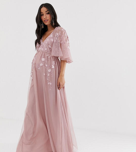 Сетчатое платье макси с рукавами клеш и вышивкой ASOS DESIGN Maternity-Розовый Asos Maternity 8145753